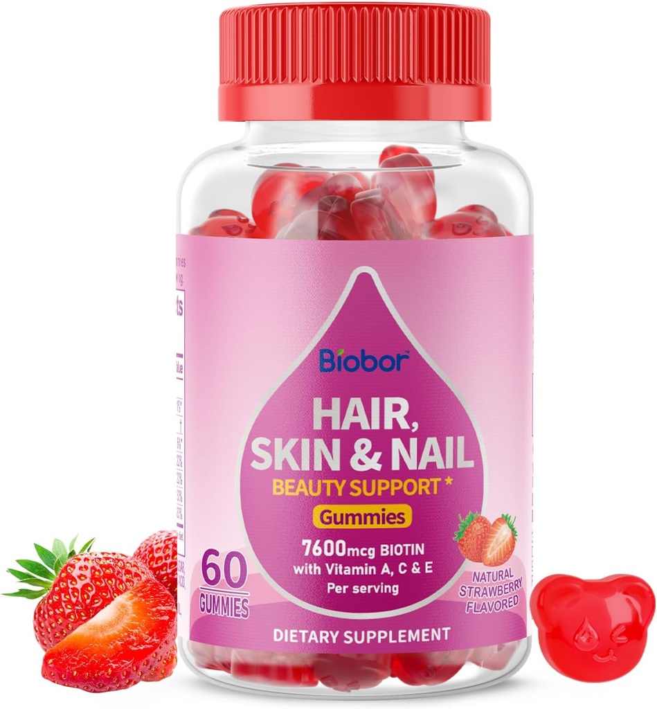 Natural Hair Skin and Nails Vitamin Gummies, 7600mcg Biotin Gummies for Women Beauty Support, Non- GMO (Strawberry Flavor, 60 Count)