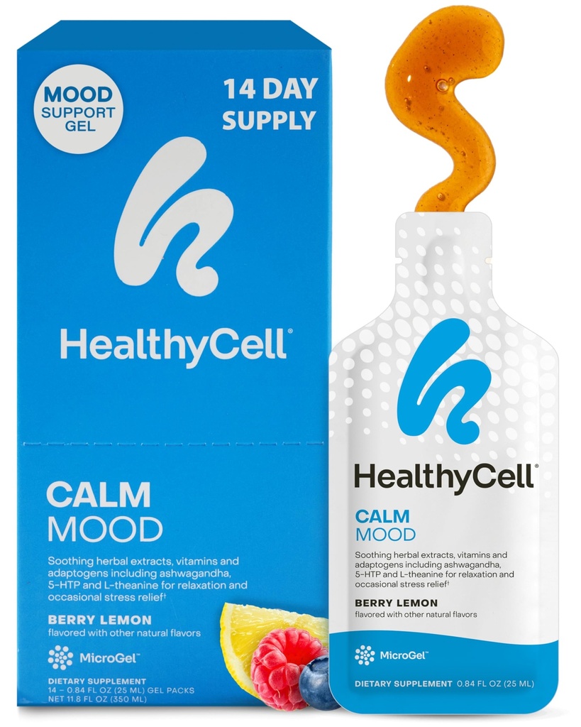 Healycell Calm Mood Daily Liquid Suplement - Manajer Cortisol & Mood Dukungan Tambahan untuk Stress dengan Ashwagandha, L- Theanine, Magnesium, 5- HTP, GABA & Saffron - 14 Gel Packs