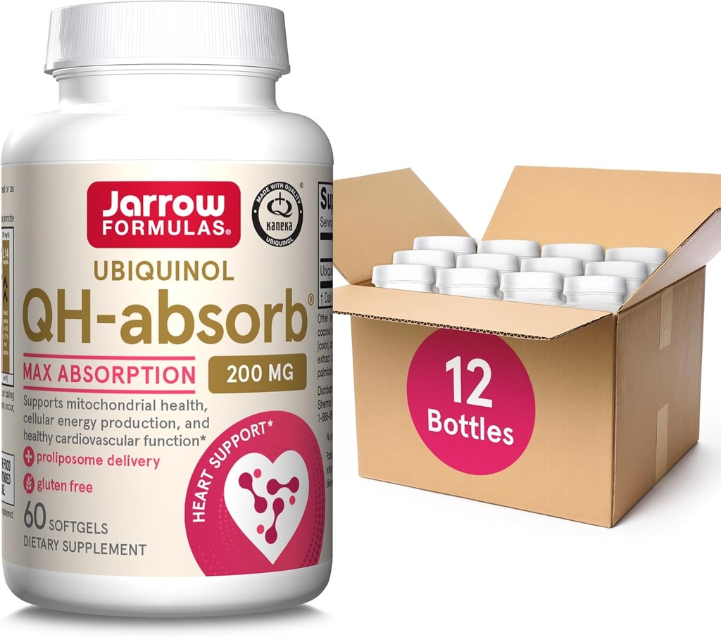 Jarrow Formulas QH-Absorb, 200 mg, Suppplemen Dieter Ubiquinol untuk Fungsi Kardiovaskular Sehat, 60 Softgel, Supply 60 Hari (PackOF12)