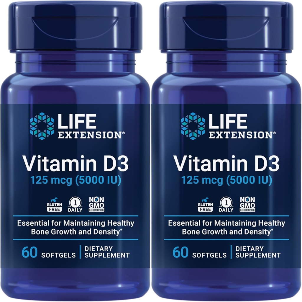 Ekstensi Hidup Vitamin D3 125 Mcg (5000 Iu) - Promotes Bone Health, Brain dan Imune Fungsi - non-GMO - Bebas - Dua x 60 Softgels