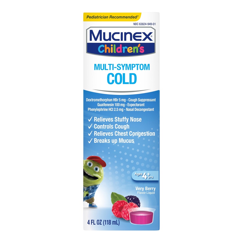 Mucinex Children 's Multi- Symptom Cold Relief - Relieves Stuffy Nose, Chest Contraffic, Cough & Mucus, Expectorant & Cough Suppresan dengan Dextromethorfan, Guaifenesin, Phenylephrine, 4 oz.