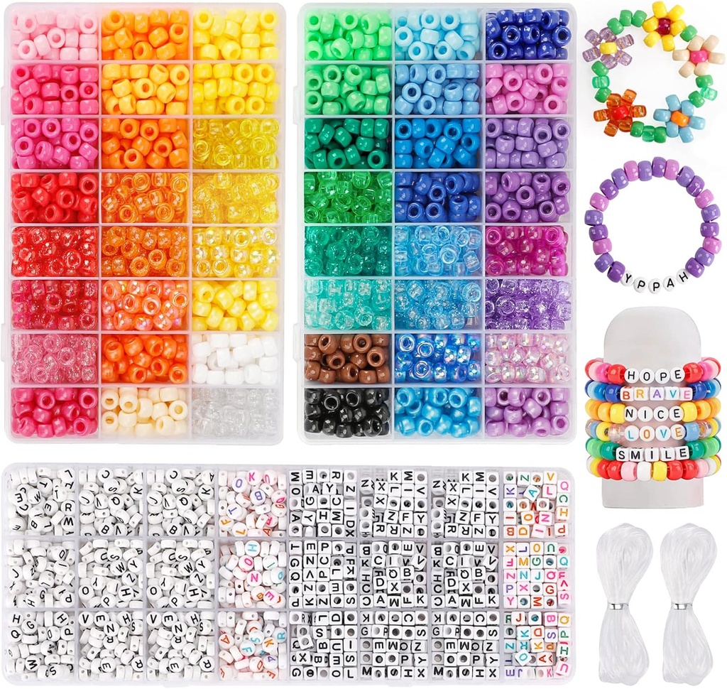 Quefe 3960pcs Pony Beads for Friendship Bracult Making Kit 48 Colors Kandi Beads Set, 2400pcs Plastic Rainbow Bulk dan 1560pcs Beads dengan 20 Meter Elastic Threads for Craft Jewelry Necklace