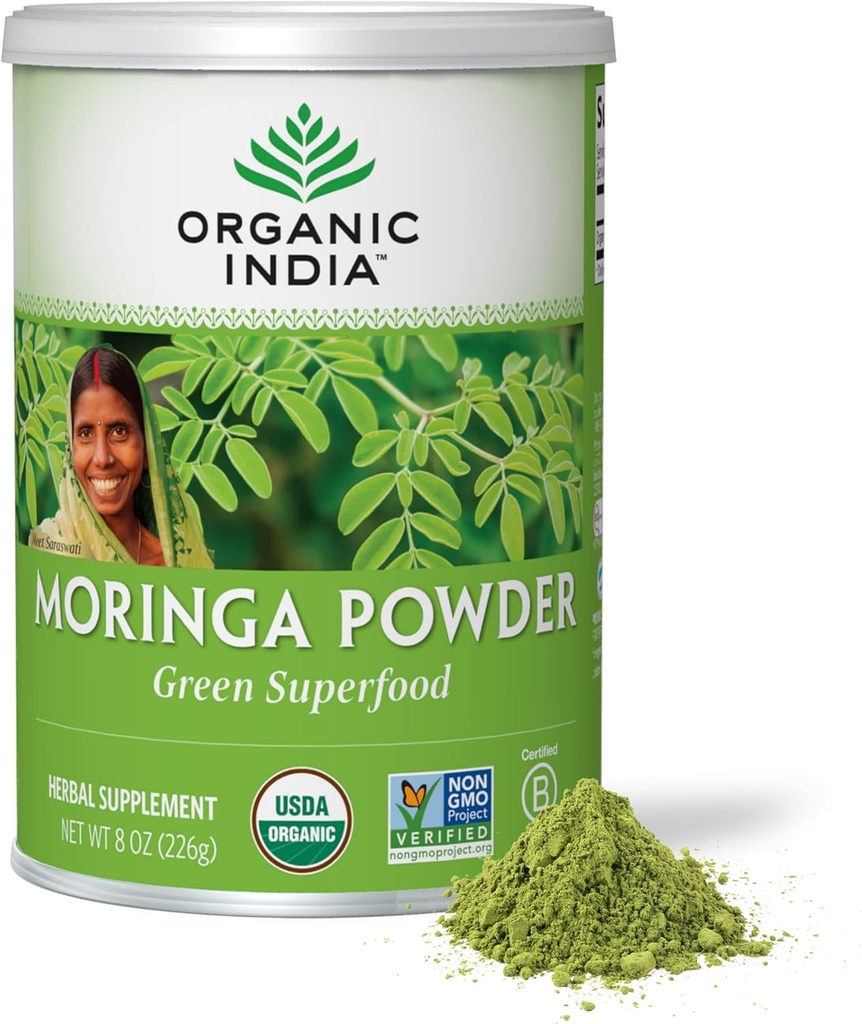 Organik INDIA moringa Powder - Moringa Oleifera Herbal Suplement, Green Superfood, Natrient Detient, Pure Plant Protein, Vitamin A, E, K, Iron, Calcium, Fiber, Vegan, USDA Tersertifikasi Organik - 8 oz