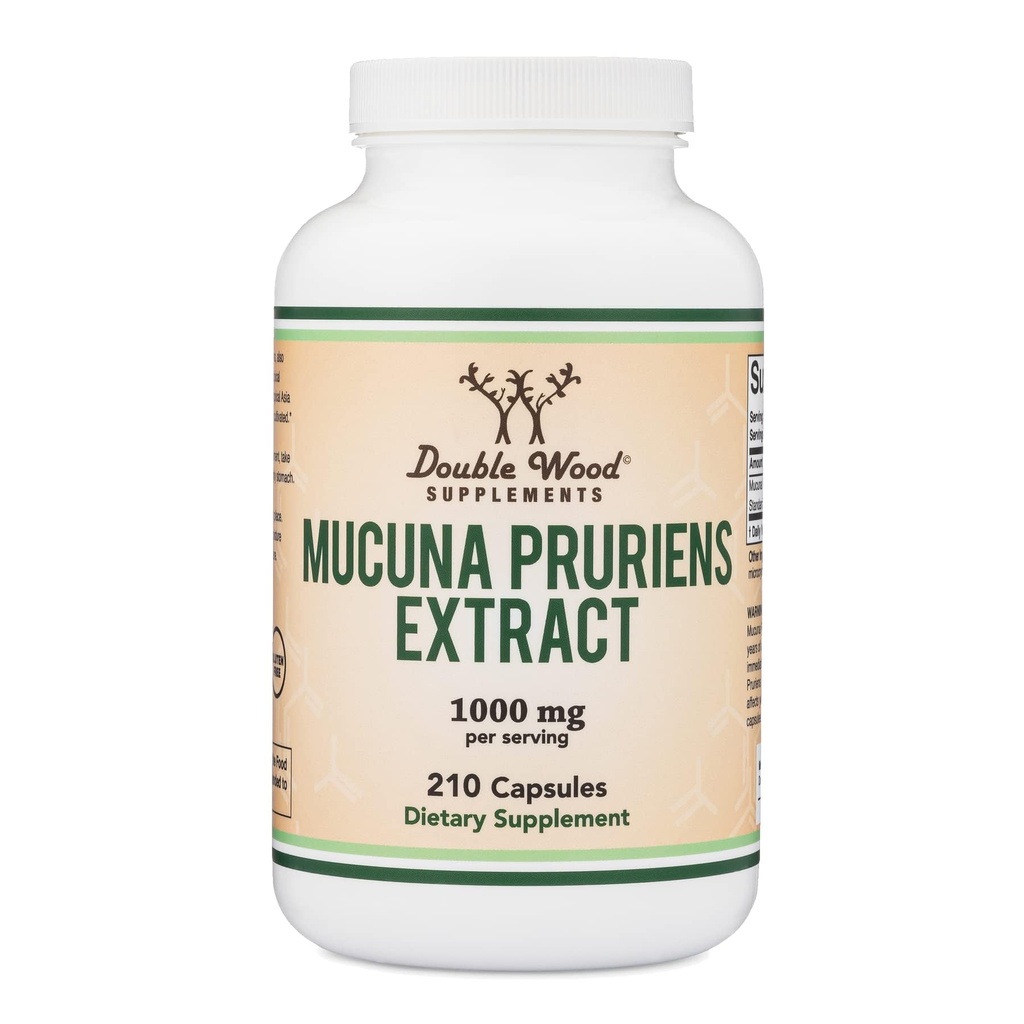 Mucuna Pruriens Extract Capsules - Dopamin Boosting Suplement - 210 Count, 1.000mg Per Serving, 20% (dari Velvet Bean) (for Mood and Motivation Support) Third Party Tested by Double Wood