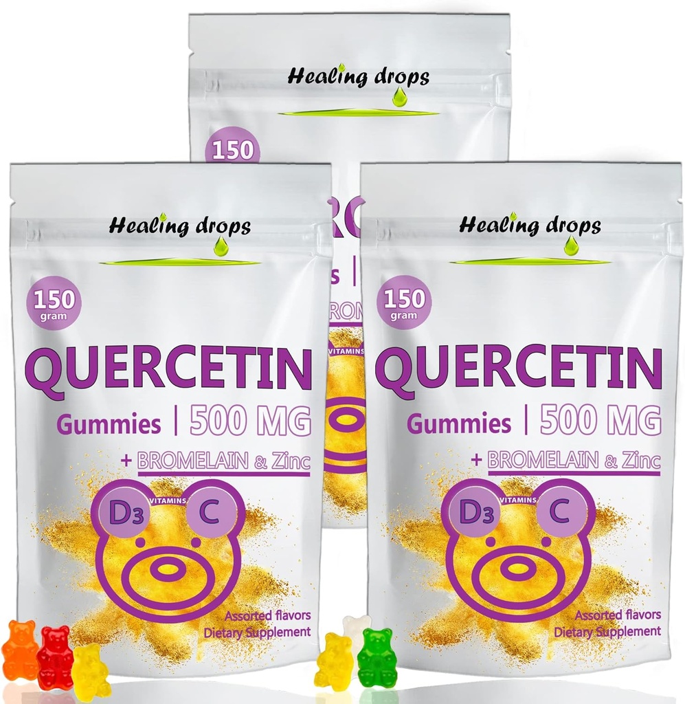 Quercetin dengan Bromelain Gummies - Vitamin C + Zinc + Vitamin D3 - Quercetin 500mg Gummies untuk Anak-anak dan Dewasa (3 Packs)
