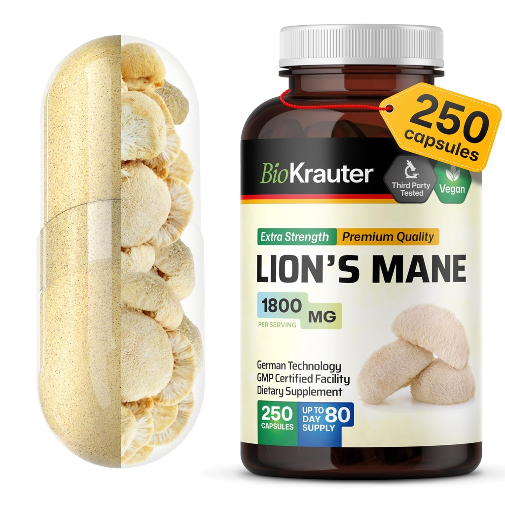 BIO KRAUTER Lions Mane Supplement Capsules 1800 mg - 250 Cacah - Vegan Lions Mane Powder untuk Dukungan Otak - 3 Bulan Supply - Tidak Ada Pemasangan