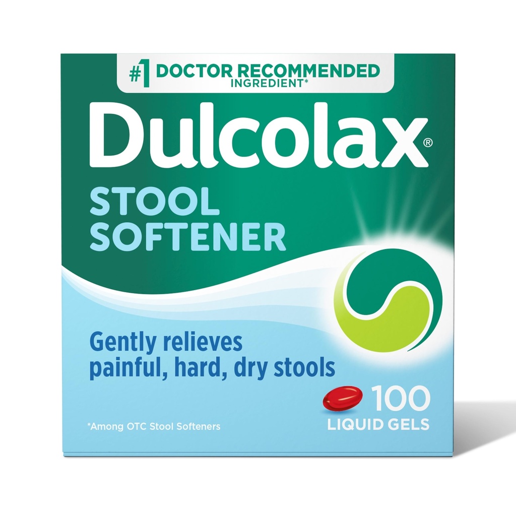 Dulcolax Stool Softtener Laxative Liquid Gel Capsules, Penyimpanan Lembut untuk Hard, Dry Stools, Docurate Sodium 100 mg, 100 Count