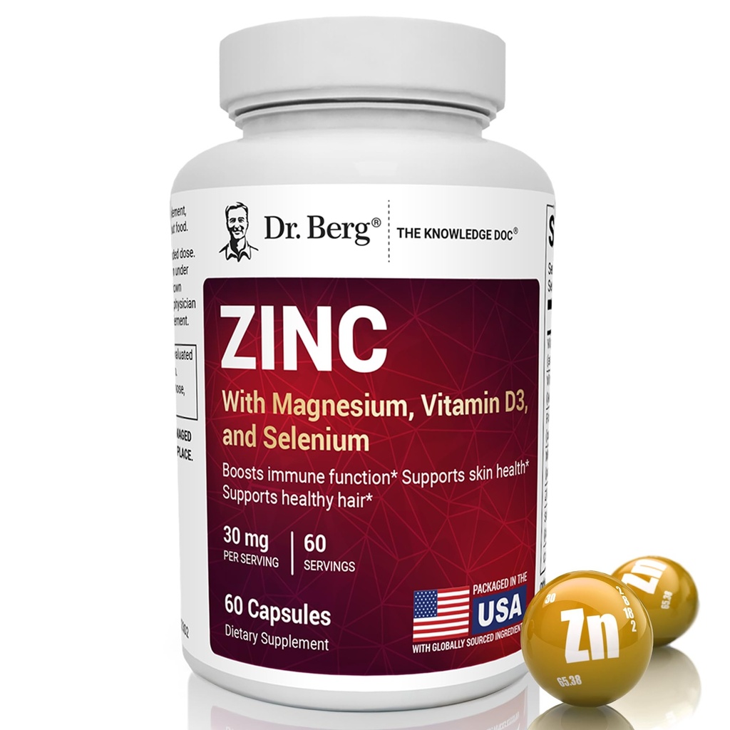 Dr. Berg Zinc 30mg Enhanced with Magnesium, Vitamin D3, Selenium, & Copper - Zinc Suplemen untuk Pria & Women - Chlated Zinc untuk Imune, Skin, Hair, & Nails Dukungan * - 60 Capsules