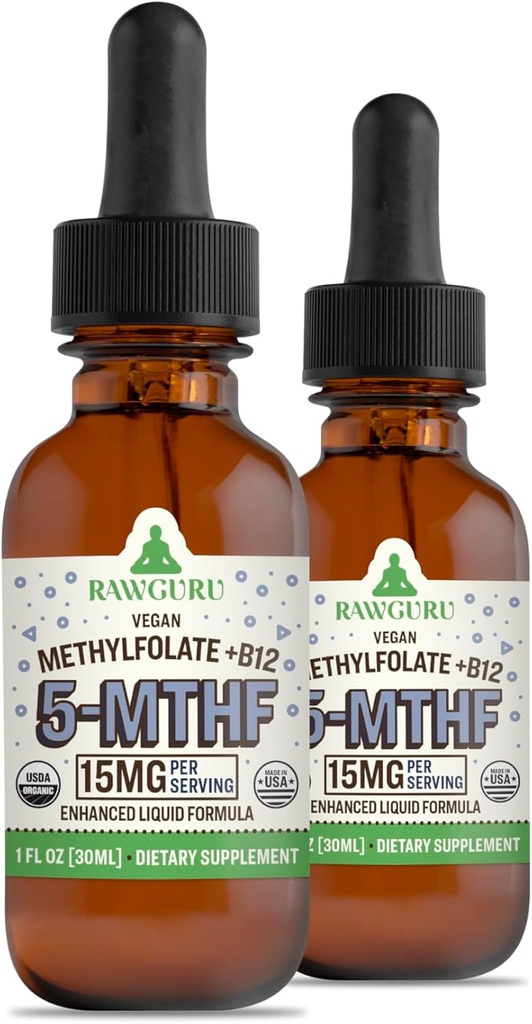 RawGuru L-Methylfolat 15 mg + Vitamin B12 - Metode Vegan Organik B12 dengan Trace Minetal - Nano- Diproses & Enhanced Liquid Formula - 300 Servis Vegan Drops per 30 ml, Kemasan 2