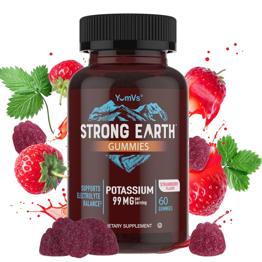 YumVs Potassium Tambahan Gummies - Strawberry Flavor - 99 mg (as Potasium Citrate) per Serving - Supports Electrolite Keseimbangan - Vegetarian Halal Gluten Bebas Potasium Gummies (60 Count)