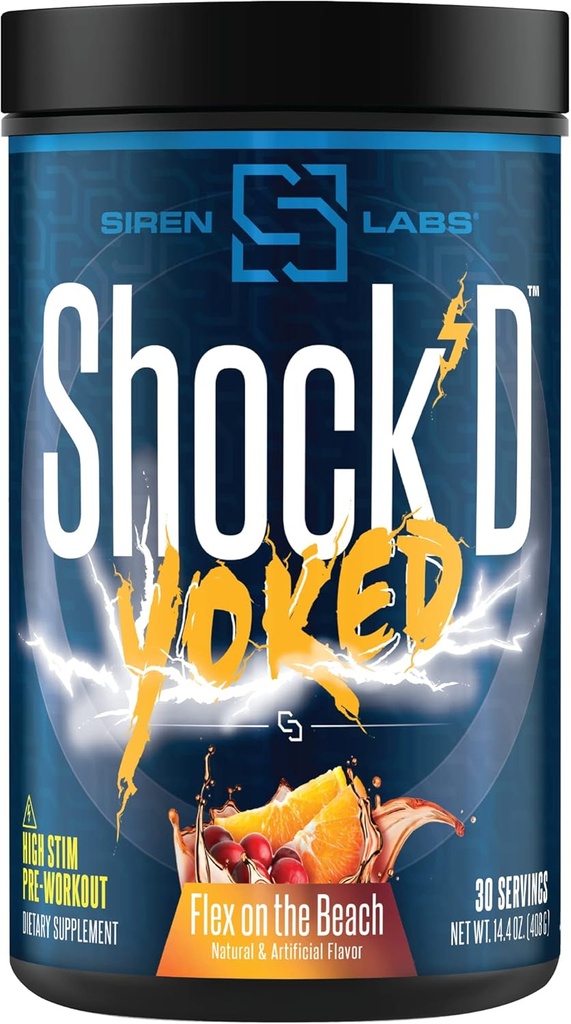 Shock 'd Yoked High Stim Pre-Workout - Caffeine, Taurine, Citrulline Malate, Agmatine, Betaine Anhydrous- High Energy & Powerful Muscle Pumps-Nitric Oxide- Flex on The Beach (30 Pelayan)