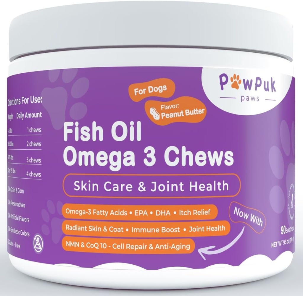 Omega 3 Ikan Oil Chews for Dogs - EPA & DHA for Skin & Coat Health Plus Overall Health, Itch Relief, Gabungan & Mobility Dukung, CoQ10 & NMN - Suppply Natural Antiaging for Dogs