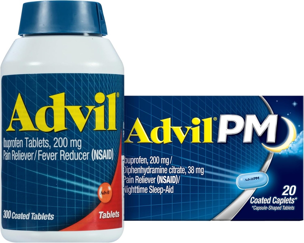 Advil Reliever and Fever Reducer, Ibuprofen 200mg for Pain Relief - 300 Count, Advil PM Pain Reliever dan Nighttime Sleep Aid, Ibuprofen for Pain Relief dan Diphenhydramine Citrate - 20 Count