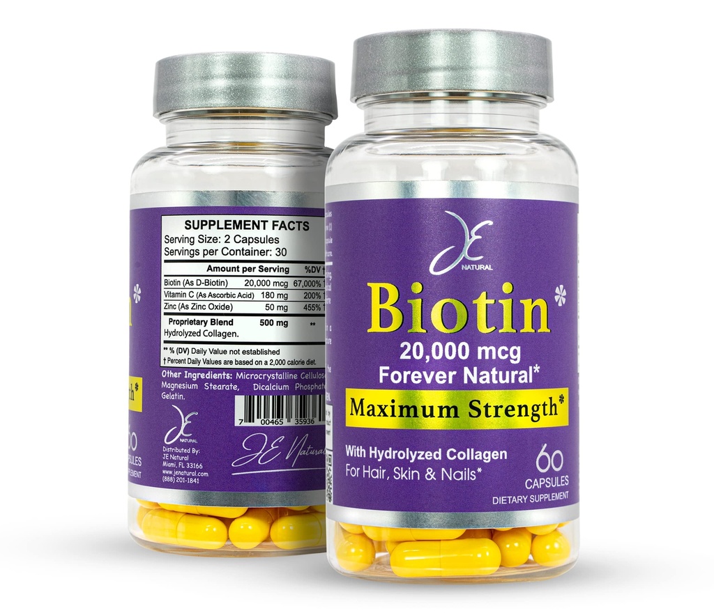 JE Natural Biotin Hair Skin dan Nails Vitamin C, Biotin dan Collagen Suplemen Yang Membuat Rambut Tumbuh Lebih cepat dan Lebih Lama, untuk All Ages, 60 Capsules dari Biotin 20000mcg Maximum Kekuatan.