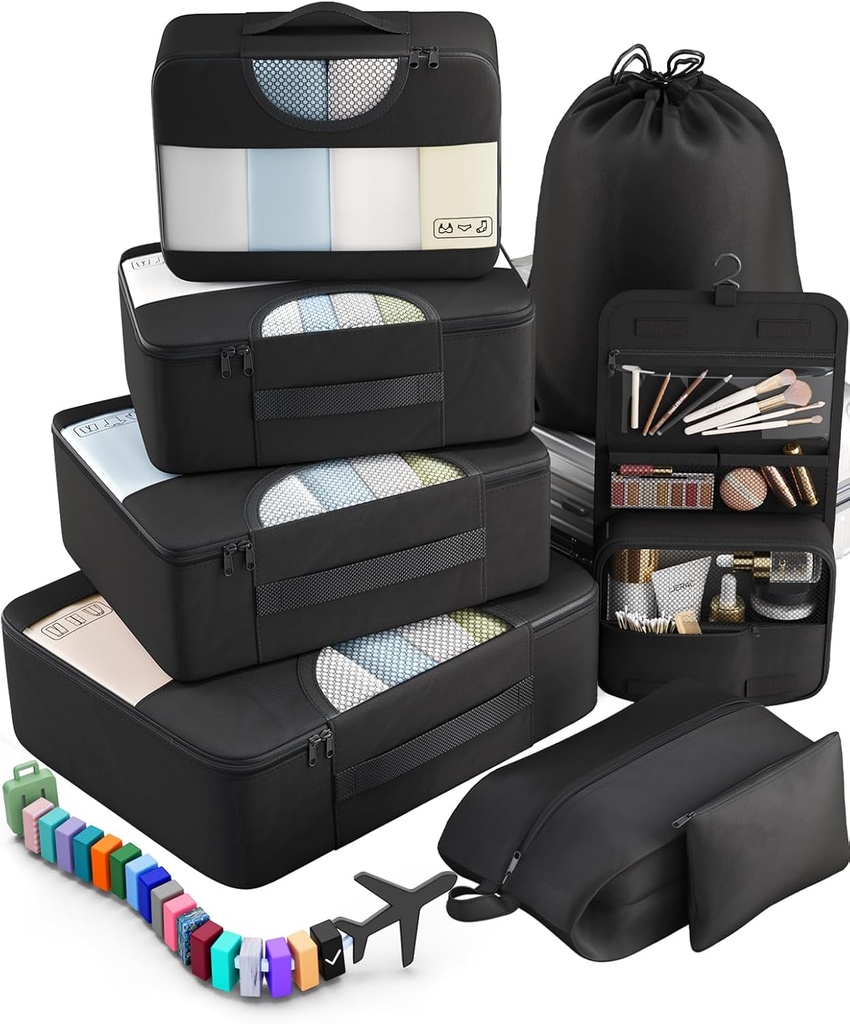 Veken 10 Set / 8 Set Packing Cubes untuk Esensial Perjalanan, Tas Penyelenggara Suitcase dalam 4 Size, Aksesoris Lumersia Dengan Tas Laundry Besar & Toiletry, HARUS untuk Airplane, Road Trip & Camping