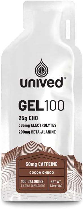 Unived Gel 100 - Vegan Energy Gel for Endurance Athletes Runners & Cycists - 100kcal - Cocoa Choco - 50mg Caffeine