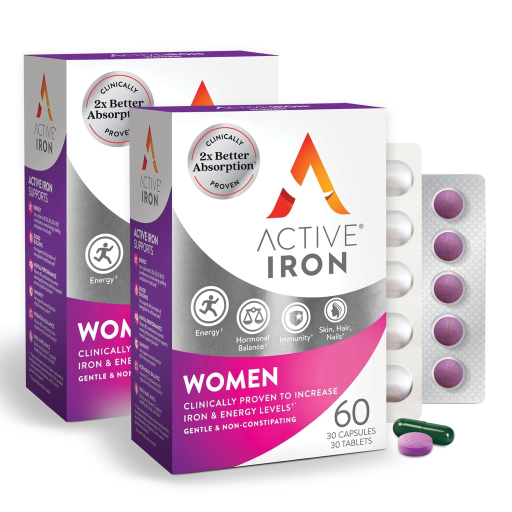 Suplemen Besi Aktif 25mg + Multivitamin bagi Perempuan - Secara klinis Dibuktikan untuk Meningkatkan Energi & Mengurangi Tiredness - Lembut, Non-Constipating Besi + Perempuan Multivitamin - 60 Capsules + 60 Tablet