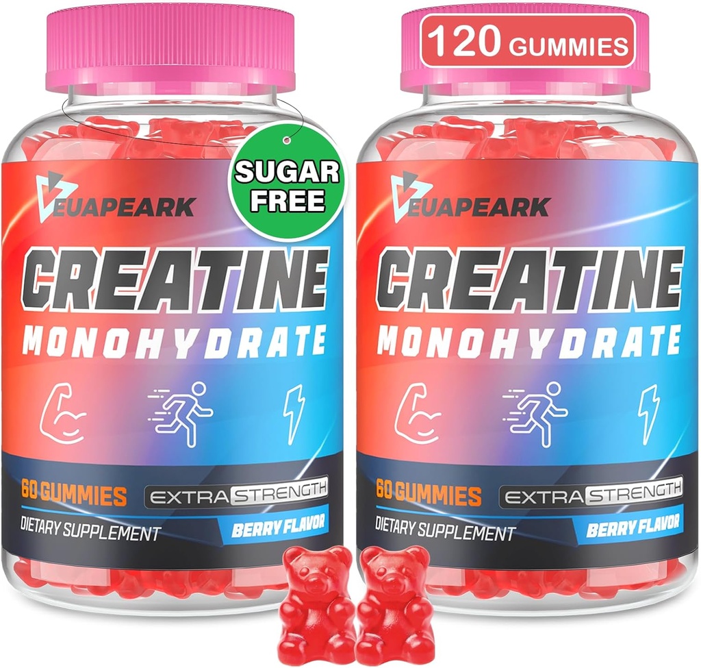 Creatine Monohydrate Gummies, Pre- Workout Chewables Suplement for Women and Men, Creatine Monohydrate with Taurine & B6 - for Muscle, Energy Endurance & Energy, Vegan (Berry, 120 Gummies)