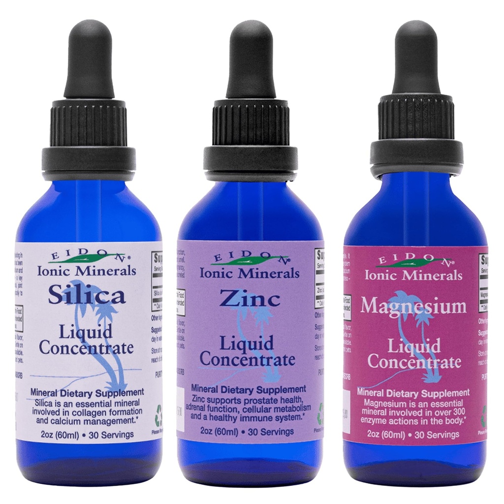 Eidon Ionic Mineral Liquid Silica, Zinc, & Magnesium Drops Variety Pack - Silica, Zinc, & Magnesium Suplemen, All- Natural Trace Minemency, No Preservations atau Addlicity - 2, Paket 3