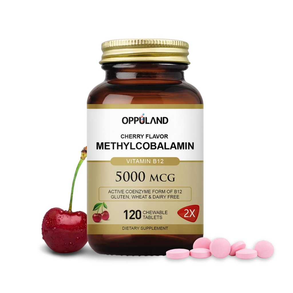 Methyl B-12 5000mcg Dapat dimakan dengan Flolate - Vitamin B12 Methylcobalamin Tablegaal Sublingual - Mendukung Fungsi Energi & Otak - Tambahan Vegan - Cherry Flavor - 120 Cacah