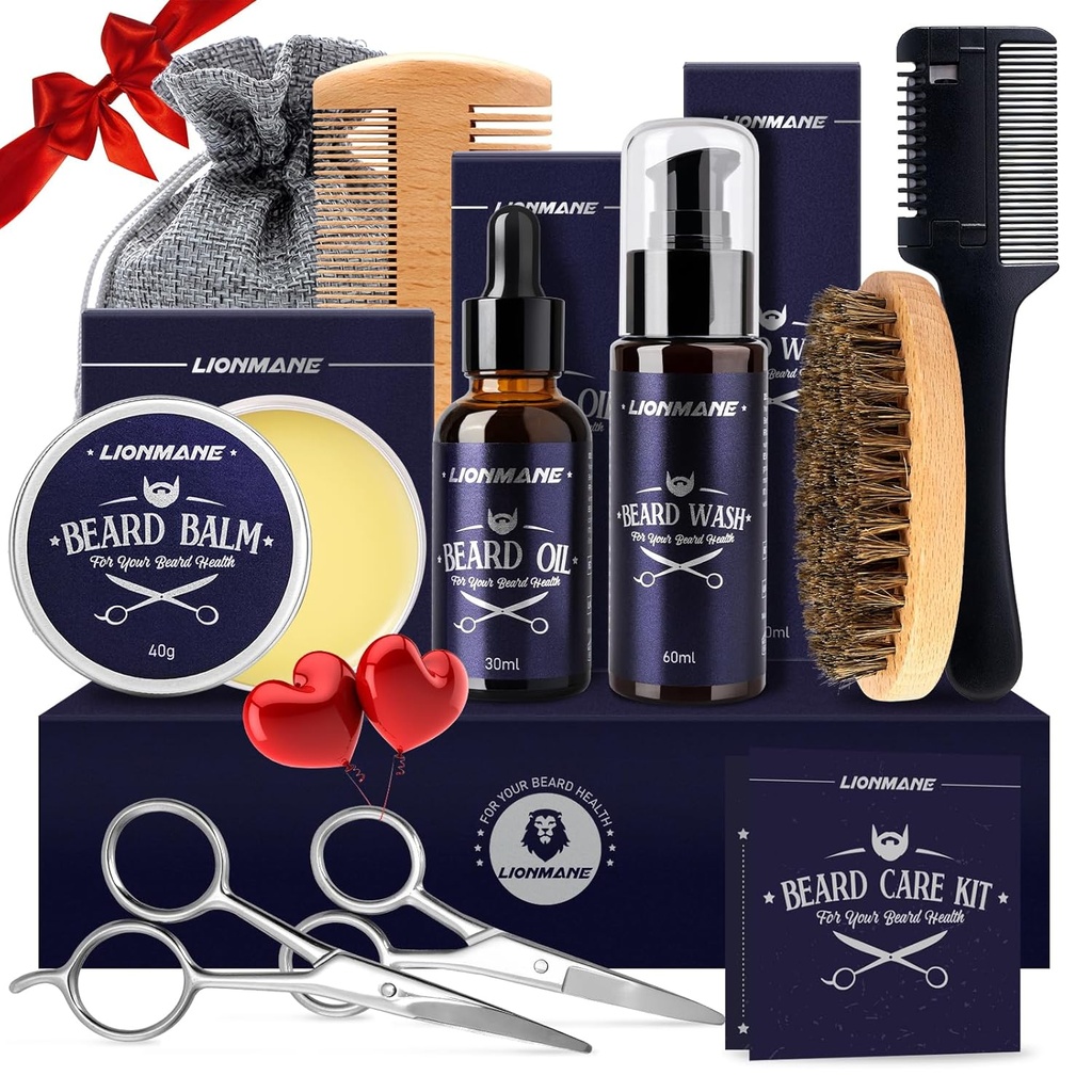 Lionmane Care Care Christmas Gifts Kit for Men, Beard Mudcud Grooming Kit- Beard Balm, Beard Wash, Beard Oil, Brush, Gunting, Birthday Anniversary Gifts for Suami / Pacar / Nya
