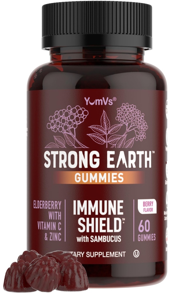 Strong Earth Elderberry Gummies - Sambucus Elderberry Immune Dukungan dengan Vitamin C & Zinc - Black Elderberry Gummies, Berry Flavor, Non- GMO, Gluten Bebas, 60 Count