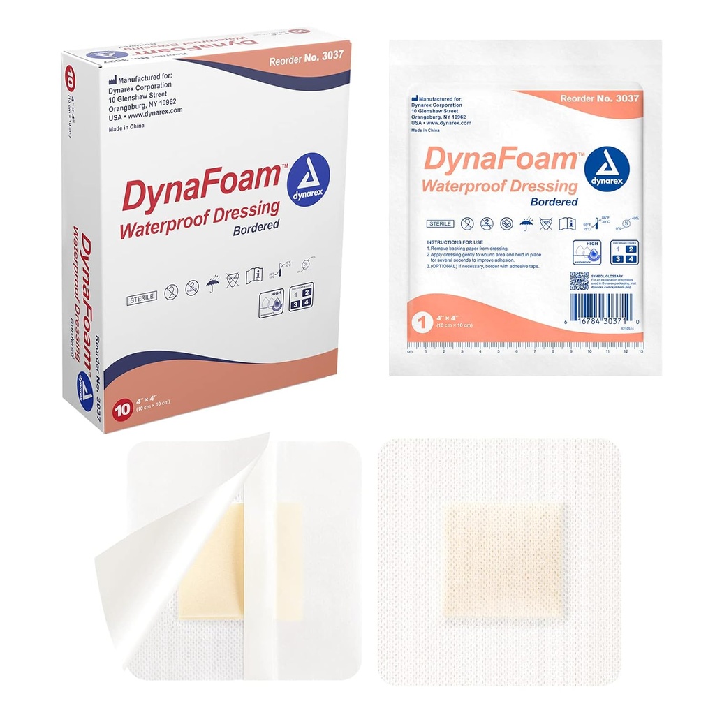 Dynarex Dynafoam Waterproof Adhesive Foam Wound Dressing Bandage, 4 "x 4", 10 Count