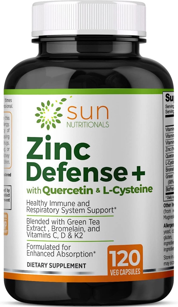 Zinc Defense + dengan Quercetin, Bromelain, L-Cysteine, EGCG (Green Tea Extract), Vitamin C, D3 & K2, 2- Bulan Supply, 120 VCaps, Non-GMO, Gluten Free