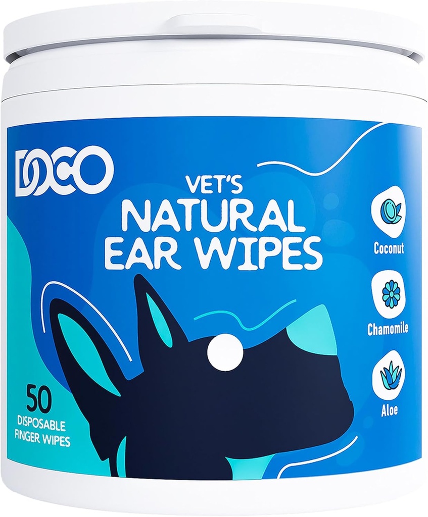 DOCO Dog Ear Cleaner Wipes Finger Kit for Dogs & Cats Eucalyptus, Chamomile Cat Ear Cleaner Soothes, Deodorizes (50 Count)
