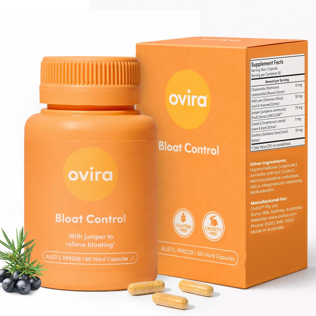 Ovira Bloat Control Suplement dengan JUNICLEAR - 60 Capsules for Gas and Bloating Relief 124; Efektif Debloating for Women and Men 124; Helping Retention & Promos Digetives Health - Paket 1