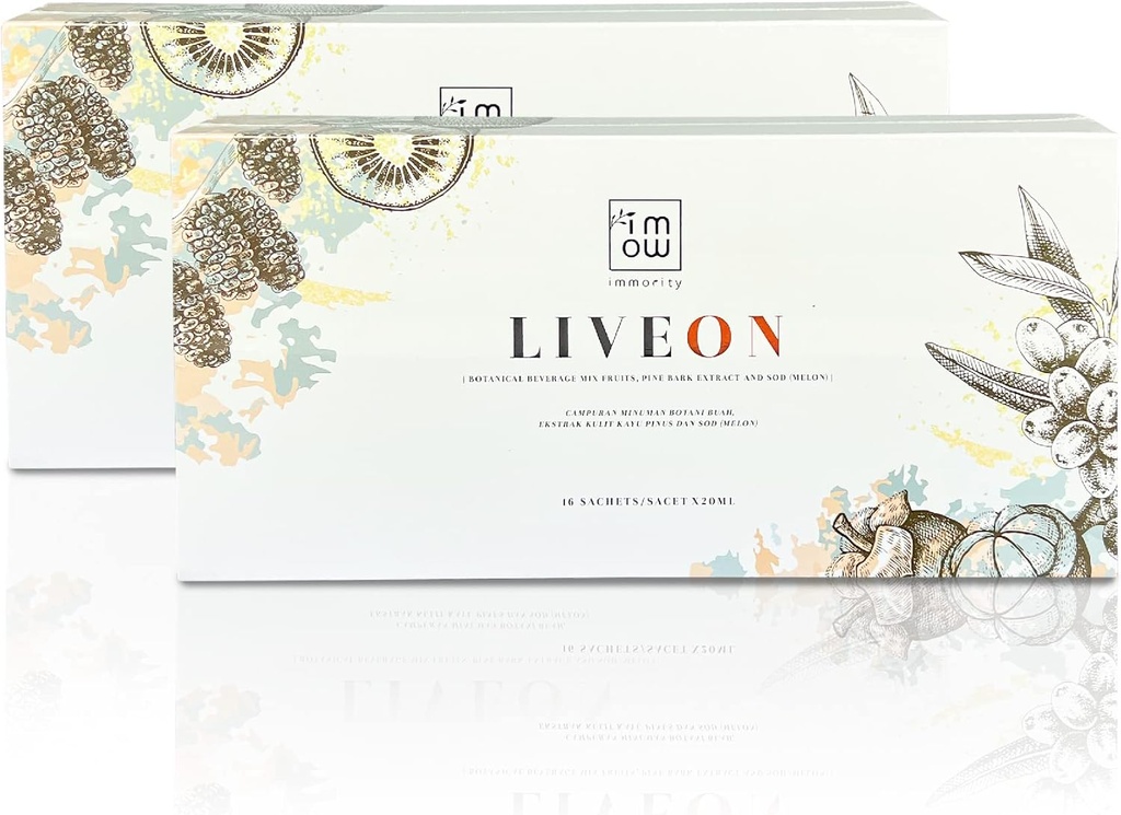 2 kotak Immority Liveon 100% Natural Pine Bark Extract Beverage Mix Fruits [16 Sachets x 20ml] - 4X powerful Antioxidant Pring, Anti Wrinkles & Fine Lines untuk mendukung Youthless Skin