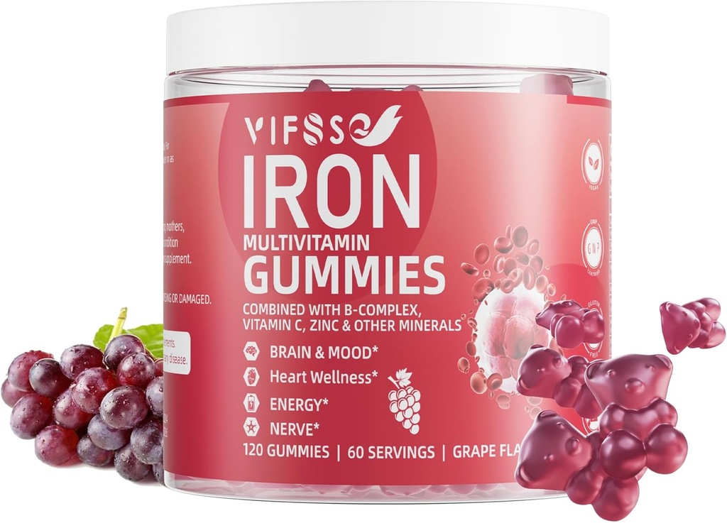Gumi Besi Gula Bebas, 120 Gummies Bahan Besi untuk Perempuan Multivitamin dengan Besi, Vitamin & Zinc untuk Perempuan, Pria & Anak-Anak - Grape Flavor, Suplemen Vegan, Pemindahan untuk Energi- Tidak Setelah Rasa
