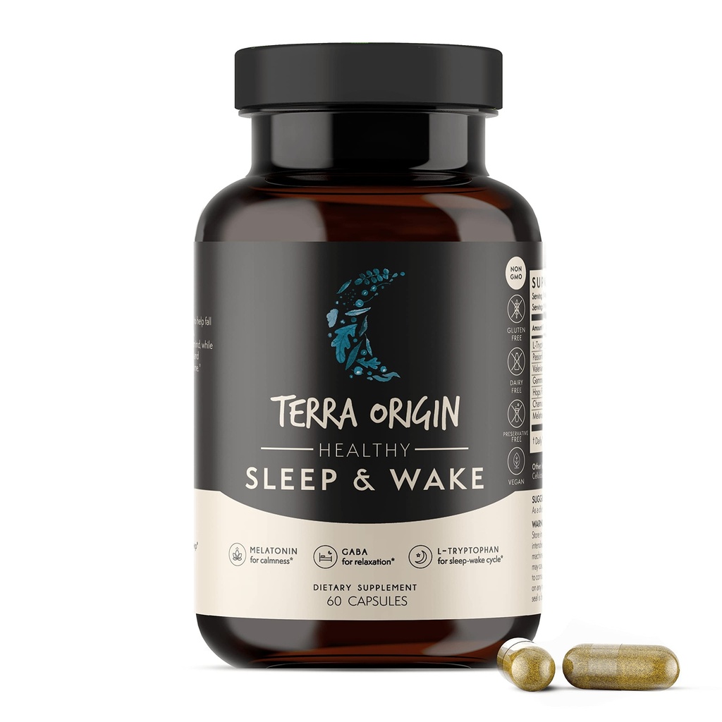 TERRA ORIGIN Sehat & Wake 124; Natural Sleep Aid Supplemen untuk Orang Dewasa 124; Refreshed Refreshed Dan 124; GABA, L- Tryptophan, Melemile, Valerian, PassionFlower