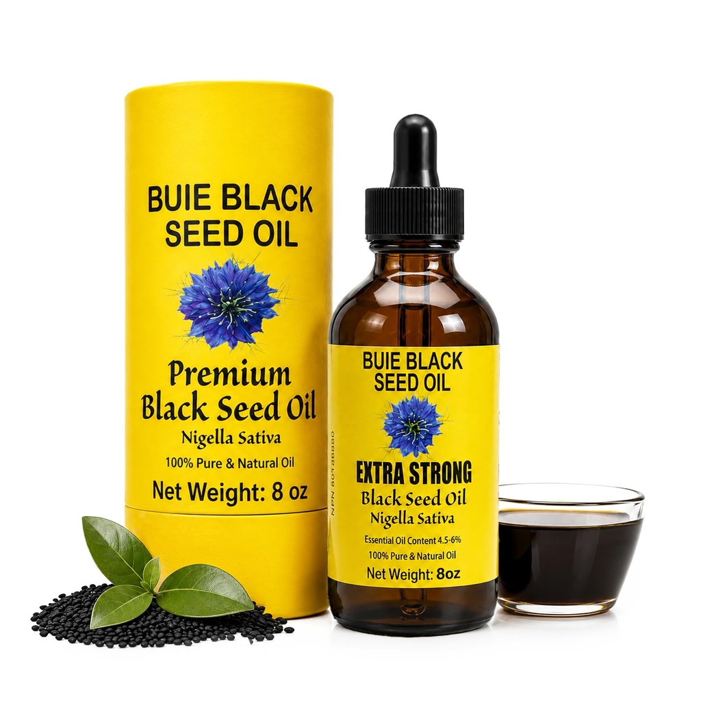 Buie Black Seed Oil - 100% Pure & Natural Organic Cold - Menekan Nigella Sativa Oil - Dengan 4.5 - 6% Thymoquinone & Omega 3 6 9 - Mendukung Skin, Dibuble & Daily Wellness - 8 Fl oz