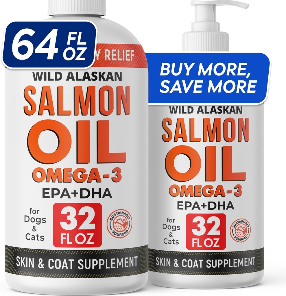 StrellaLab 64 OZ Salmon Oil for Dogs - Omega 3 for Dogs & Cats, Itch & Allergy Relief, Wild Alaska Salmon Oil Dog Skin, Dog Fish Oil Liquid, Shedding Tambahan EPA & DHA Fatty Accids - 2PACK