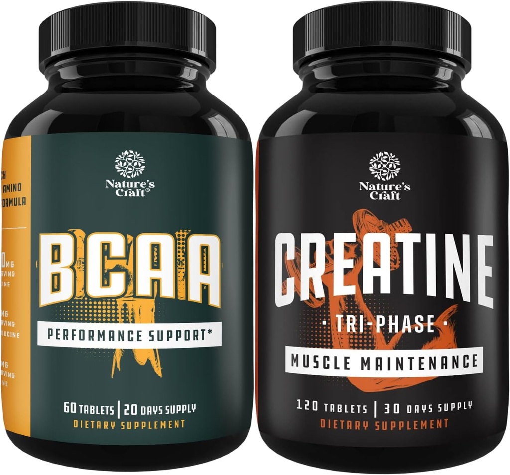 Bundle of Branch Chain Amino Accids Suplement and High Strength Fase Creatine Pills - Vegan BCAA Capsules Post Workout Muscle Recovery dan Growth Duption - Muscle Mass Gainer and Muscle Recovery