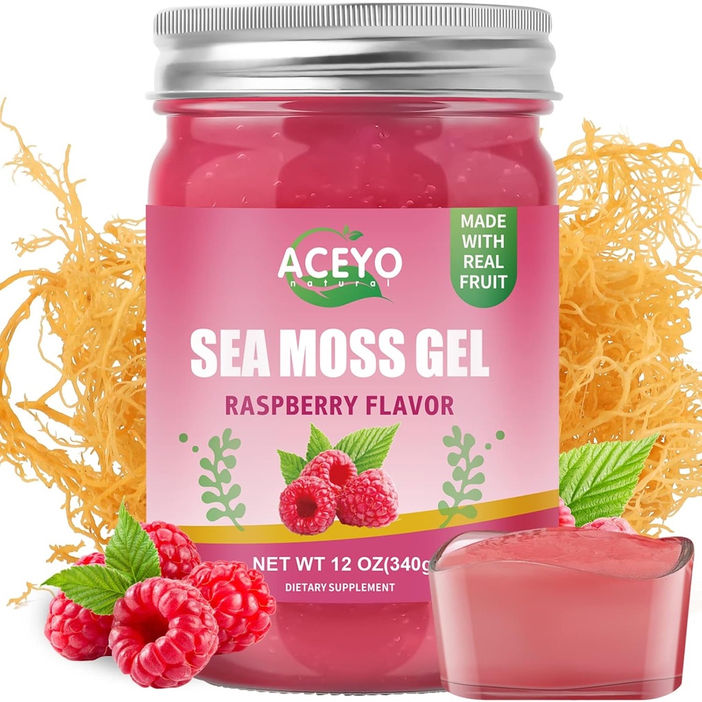 ACEYO (12 OZ) Irish Moss Gel Organic Raw Vegan Raspberry Flavor 102 Vitamin dan Minestray Wild Harowed None-GMO Ammune Defense Booster Thyroid Digetsy Support