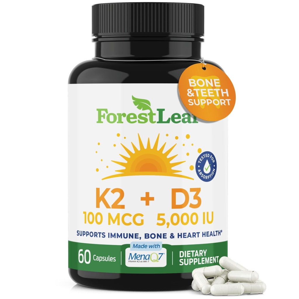 ForestLeaf Vitamin D3 + K2 (MK7) Suplemen - MenaQ7 - Calcium dan D3 5000 IU Max Absorpsi - Gigi dan Kekuatan Tulang, Kesehatan Jantung, Sistem Imune Dukungan - 60 Veggie Capsules