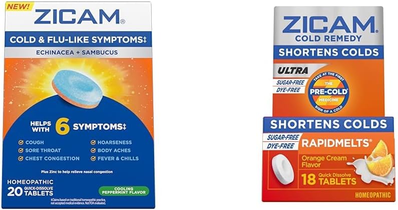 Zicam Cold & Flu Symptoms 20 tablet Ultra Cold Rapidmelelet 18 Count Homepathic Zinc Cold Shortening