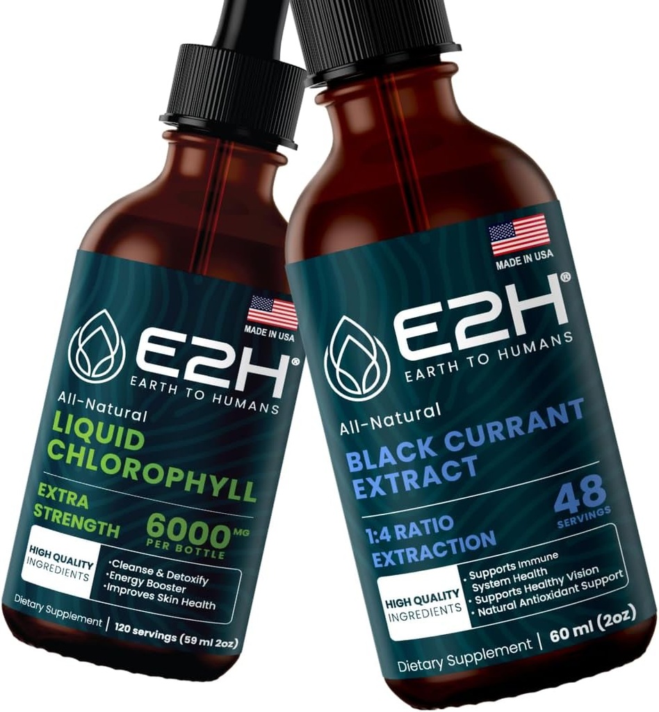 E2H: Cair Chlorophyll dan Natural Black Currant Extract 124; Vegan, Non-GMO - 2 Fl Oz Setiap (4 Fl Oz Total) - Bundle