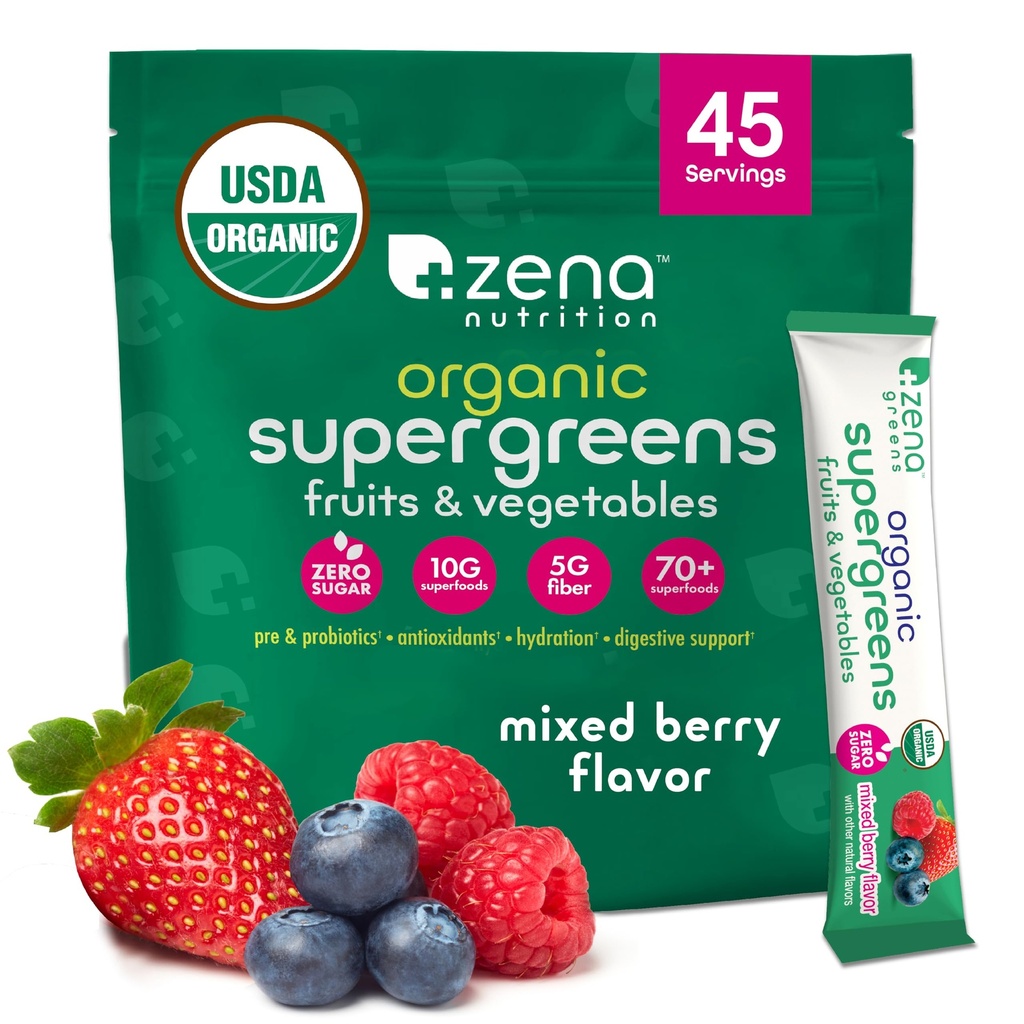 Zena Nutrition Organic Super Greens Powder, 70 + Superfood, 0 Sugar, 5G Fiber, Spirulina, Chlorella, Antioksidants, Preofil / Prograin, Digevices Enzymes, Mixed Berry, 45 Drum Packet