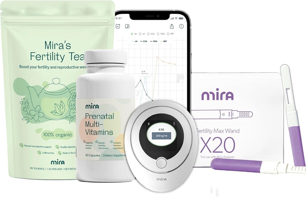 Mira Pregnancy Bundle for Trying to Conceive, Digital Fertility and Ovulasi Kit with 20 Max Test Wands, 1 Bottle of Mira Prenatal Multivitamin (60 Capsules), & 1 Bag of Fertilitas Tea (20 Tea Bags)