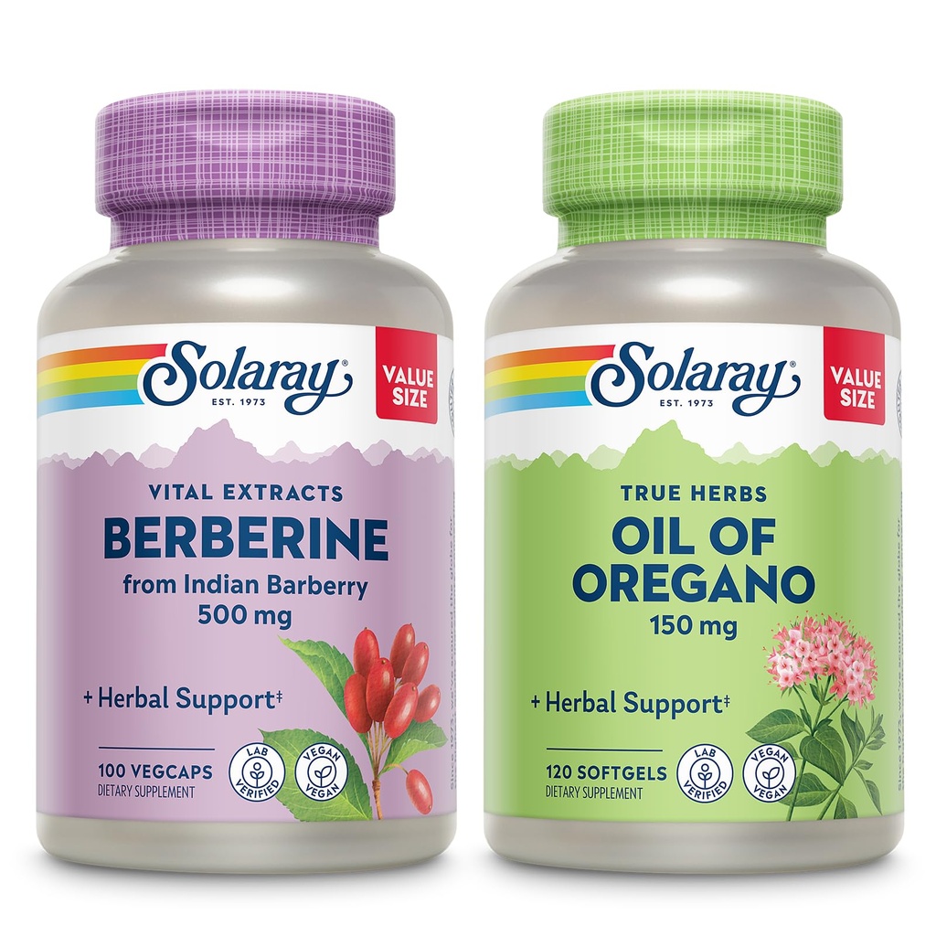 SOLARAY Berberine dan Oil dari Oregano Bundle - Berberine HCI dari India Barberry Plus Oregano Oil Support - 100 Veval Caps / 120 Softgels