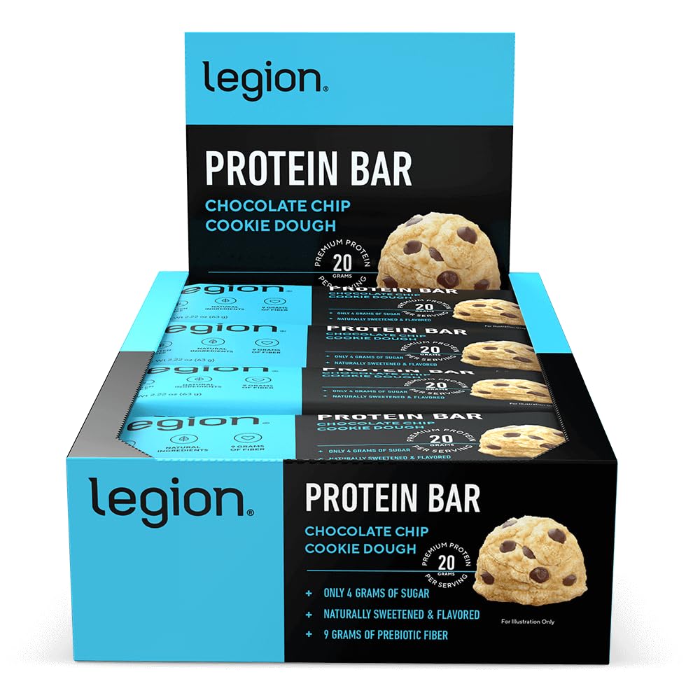 Legion Chocolate Chip Cookie Dough Protein Bar - 100% Whey Protein Bars rendah Gula Tinggi Protein dengan Prebiotic Fiber - Bebas, Gluten Bebas, Alami Flavored, Low Fat, High Protein Bars (12 Count)