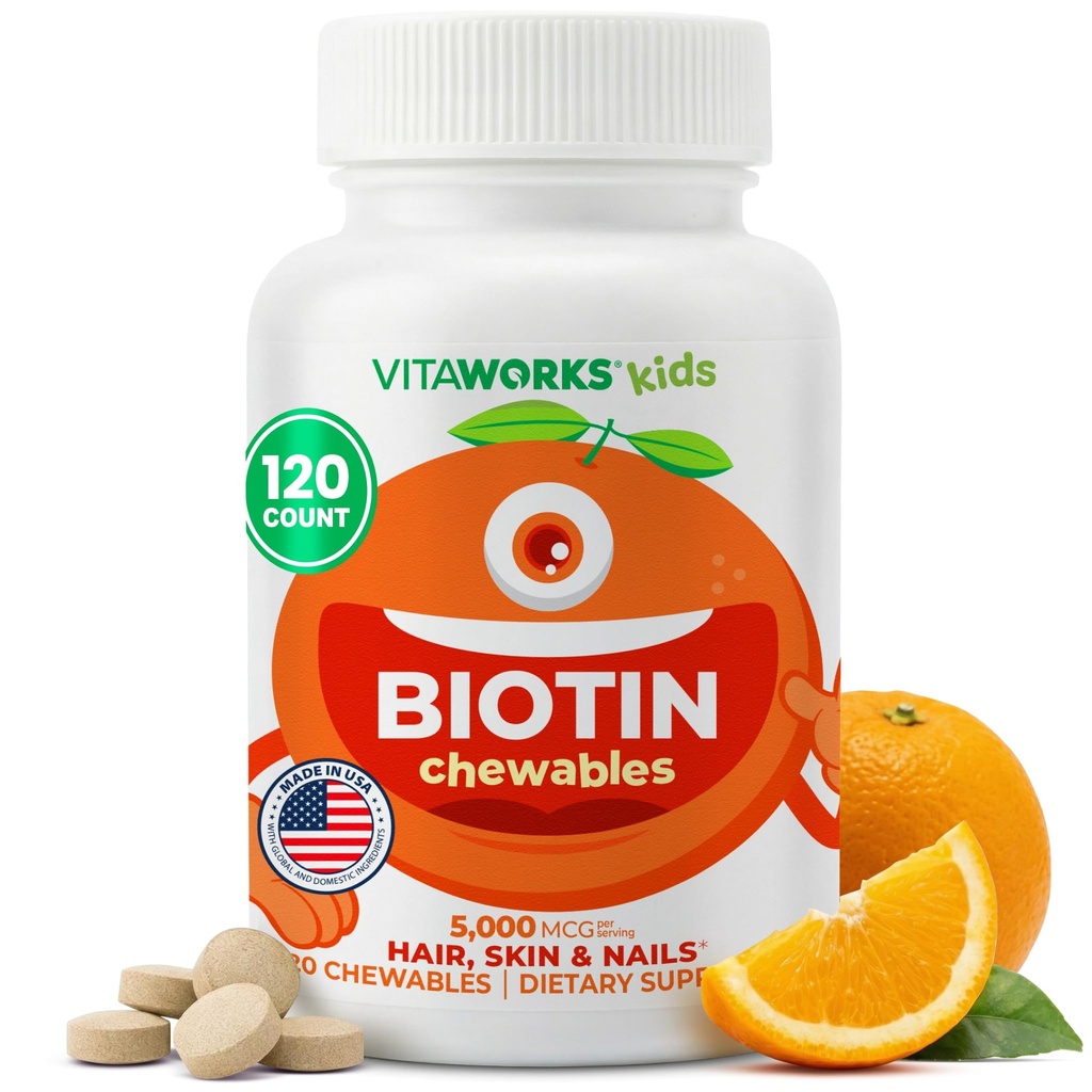 Anak-anak Biotin 5000mcg Tablet Chewable: 124; Tasty Biotin Suplemen 124; Vegan, Non GMO 124; Pertumbuhan Rambut, Skin dan Nail Heath 124; Rambut Vitamin untuk Anak-anak 124; 120 Chewables