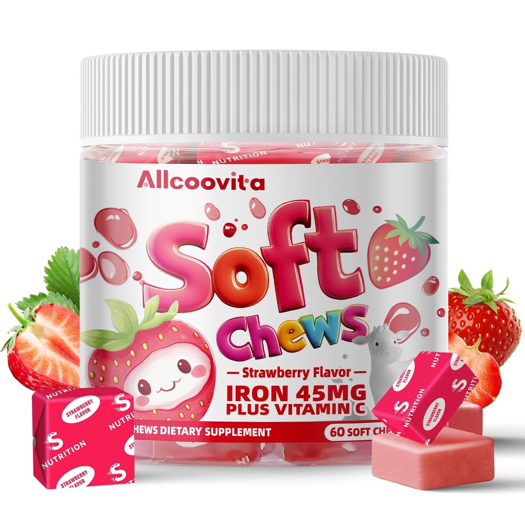Iron Soft Chews Suplement dengan Vitamin C 124; Strawberry Flavored 124; Gluten Free Suppplemen Besi Pria dan Anak-Anak 124; 60 Count 124; 2 Bulan Supply