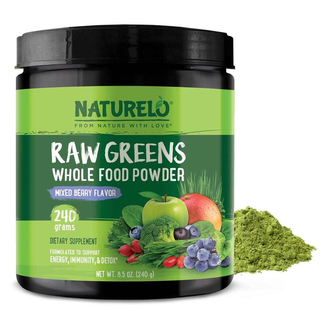 NATURELO Raw Greens Superfood Powder 240 Grams, Mixed Berry - Supports Energy, Imunity and Detox - termasuk Spirulina, Wheat Grass and Organic Greens untuk Whole Food Nutition