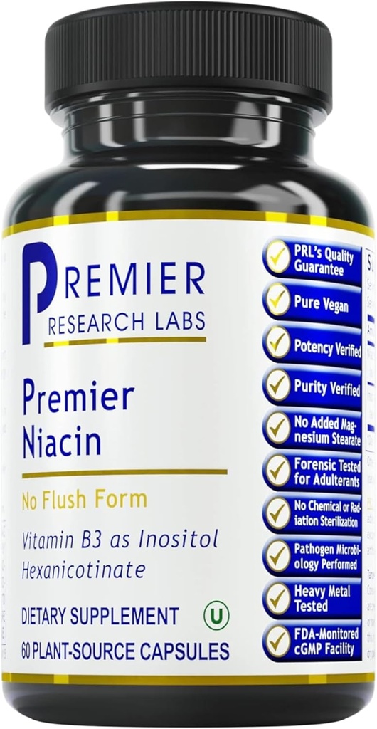 Premier Research Labs Niacin - Flush Free Niacinin dengan Inositol Hexanicocinate, Niasin No Flush, B3 Niacinamide Suppplemen Vitamine for Blood Circulation Support - 60 Vegetarian Capsules