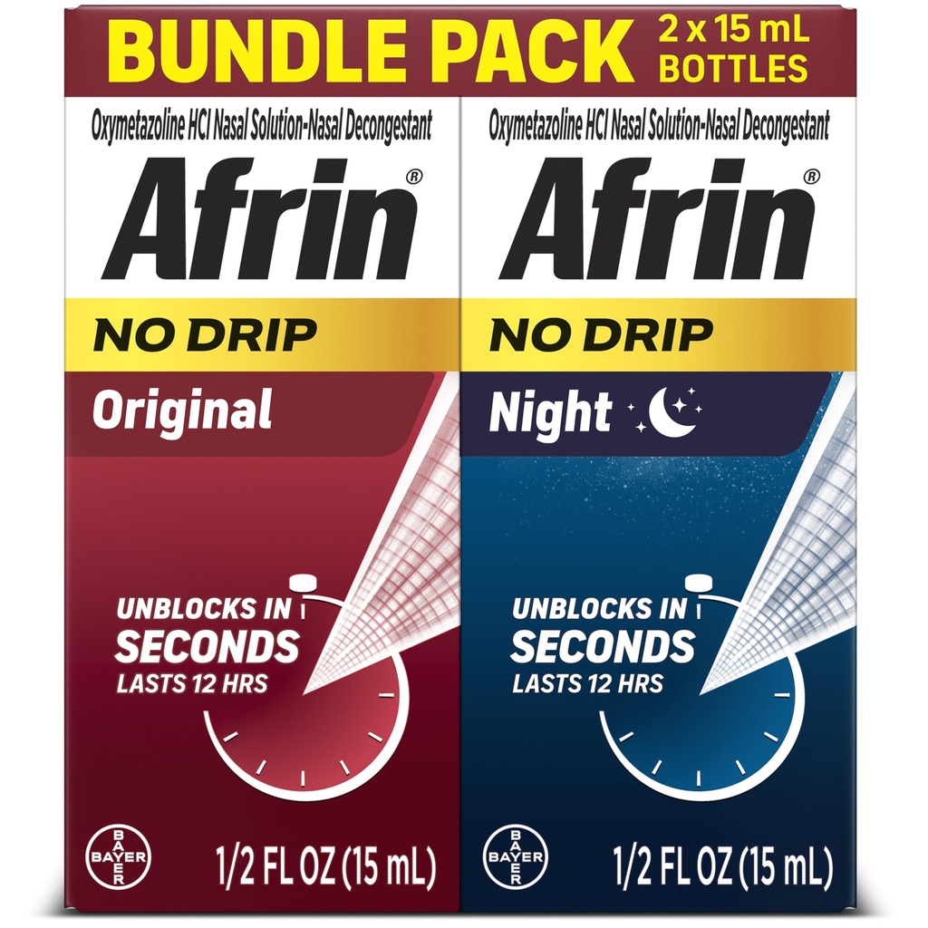 Afrin No Drip Original + Night Nasal Mist Bundle, Non- Drowsy, Fast- Acting Deconongestant untuk Nasal Contrable dan Sinus Tekanan Relief, Dewasa dan Anak 6 dan Older, .5 lf oz (Paket 2)