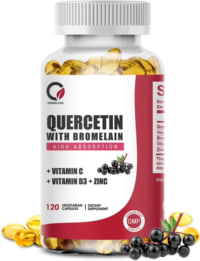Quercetin Querceg dengan Bromelain, Vitamin C & D3, Zinc, Bromelain Quercetin Suplemen untuk Pria & Women, Non- GMO & Gluten Bebas, 120 Capsules